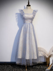 Blue Tulle Sequins Square Ankle Length Prom Dress