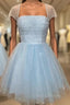 Blue Tulle Sequins Square Pearls Homecoming Dress