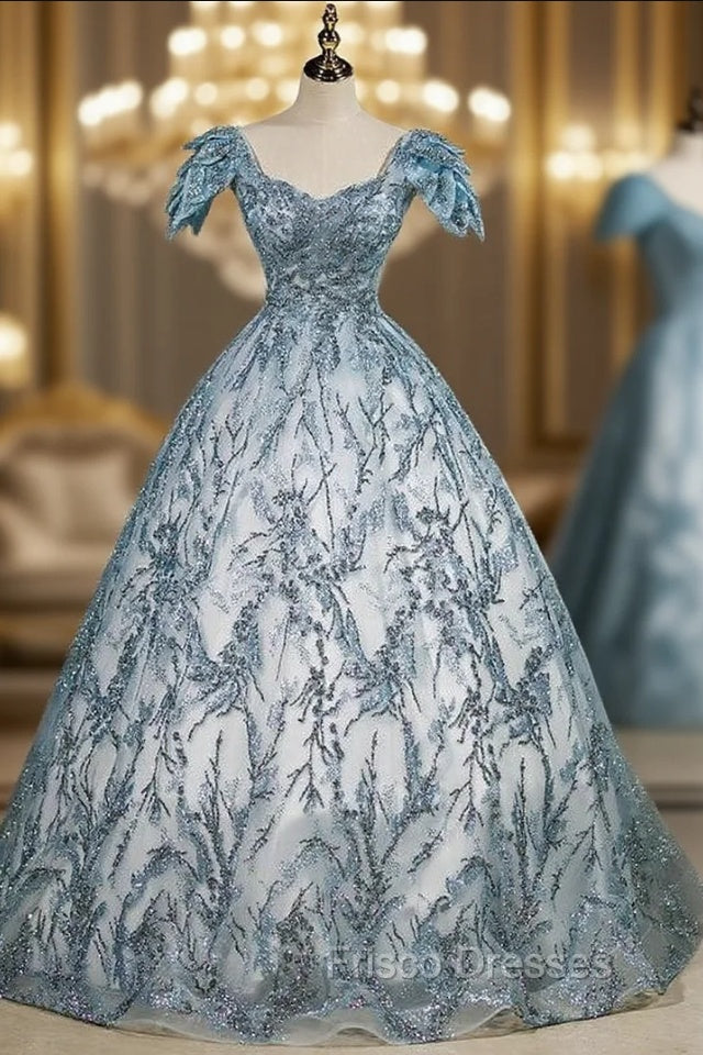 Blue Tulle Sequins Square Quinceanera Dress Main image