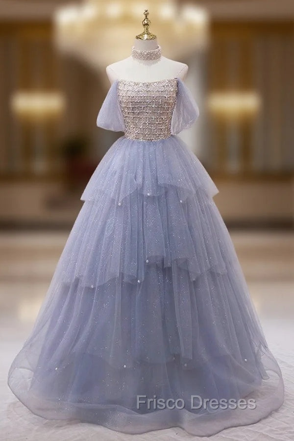 Blue Tulle Sequins Strapless Beading Formal Prom Dress Main image