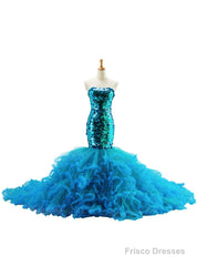 Blue Tulle Sequins Strapless Mermaid Trailing Wedding Dress
