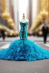Blue Tulle Sequins Strapless Mermaid Trailing Wedding Dress