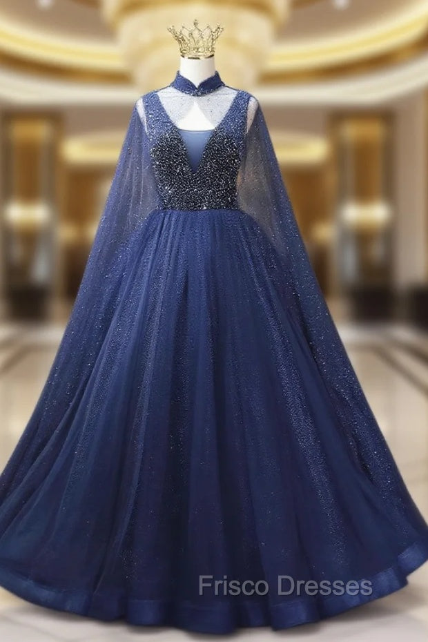Blue Tulle Sequins V-neck Beading Formal Prom Dress Main image