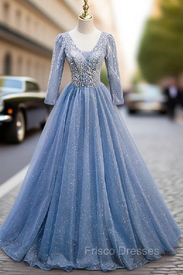 Blue Tulle Sequins V-neck Long Sleeve Beading Formal Prom Dress Main image
