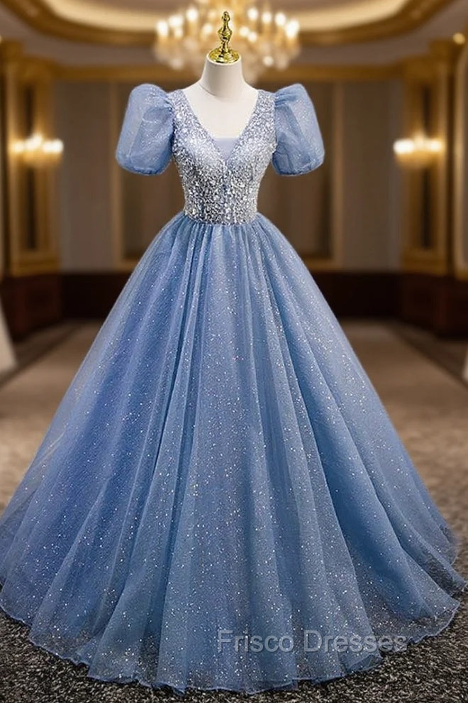Blue Tulle Sequins V-neck Puff Sleeve Beading Sequins Formal Prom Dress Main image