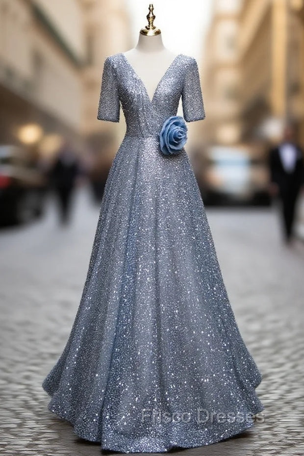 Blue Tulle Sequins V-neck Short Sleeve Beading Formal Prom Dress