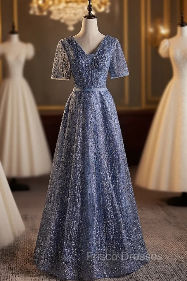 Blue Tulle Sequins V-neck Short Sleeve Formal Prom Dress