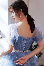 Blue Tulle Short A-Line Prom Dresses, Blue Mini Party Dresses