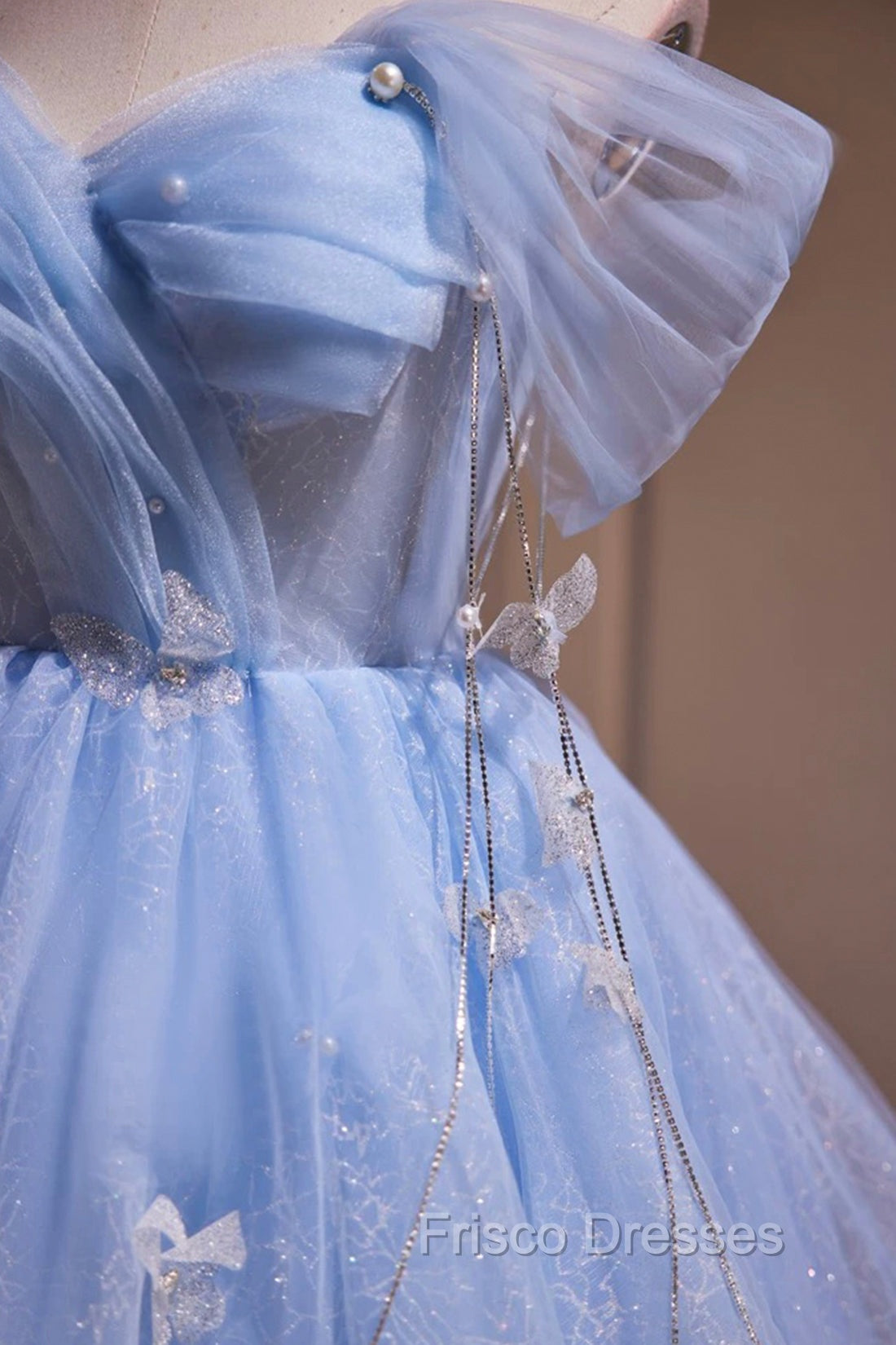 Blue Tulle Short Party Dress, Lovely A-Line Off Shoulder Formal Prom Dress