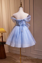 Blue Tulle Short Party Dress, Lovely A-Line Off Shoulder Formal Prom Dress