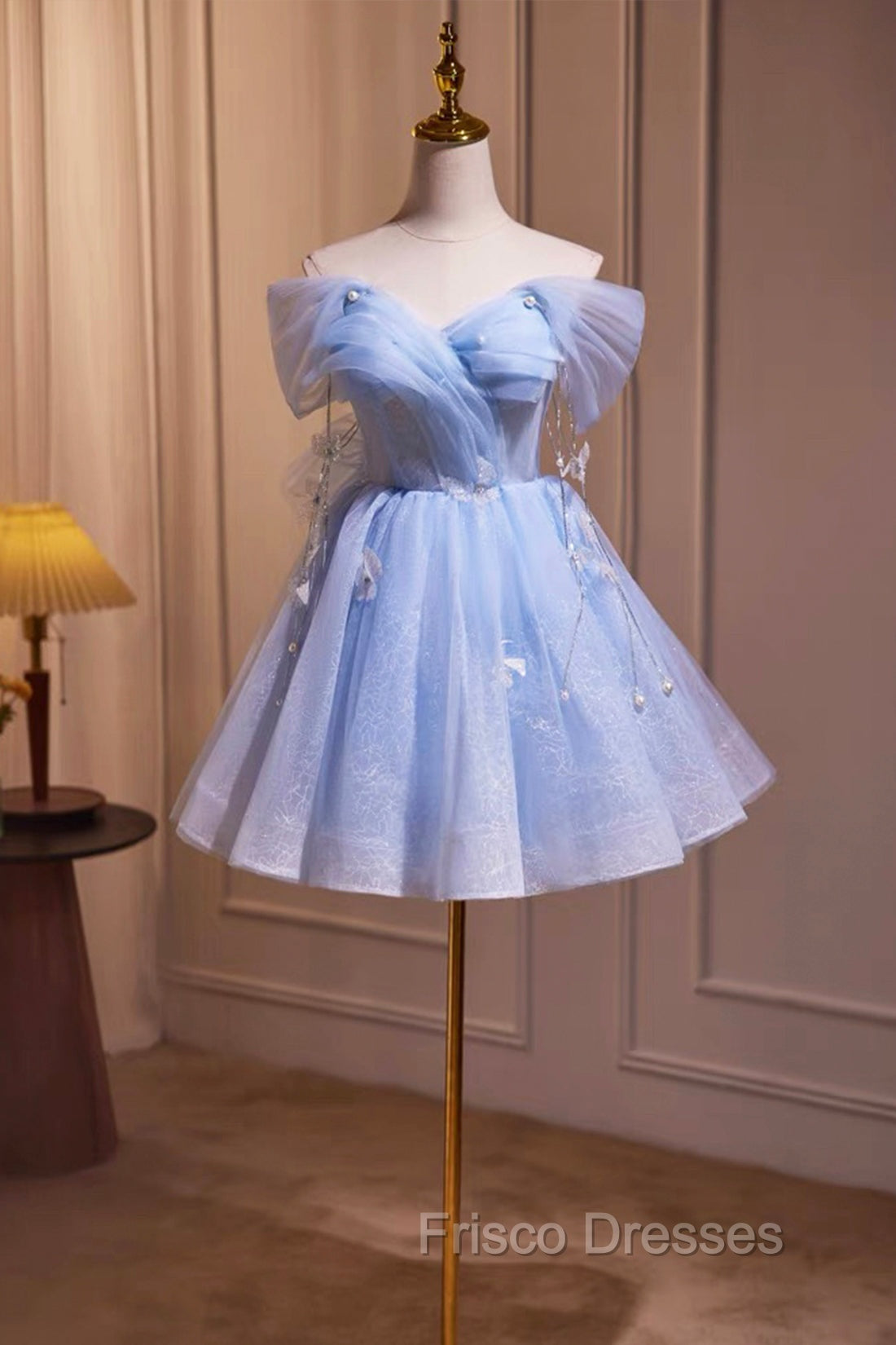 Blue Tulle Short Party Dress, Lovely A-Line Off Shoulder Formal Prom Dress