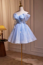 Blue Tulle Short Party Dress, Lovely A-Line Off Shoulder Formal Prom Dress