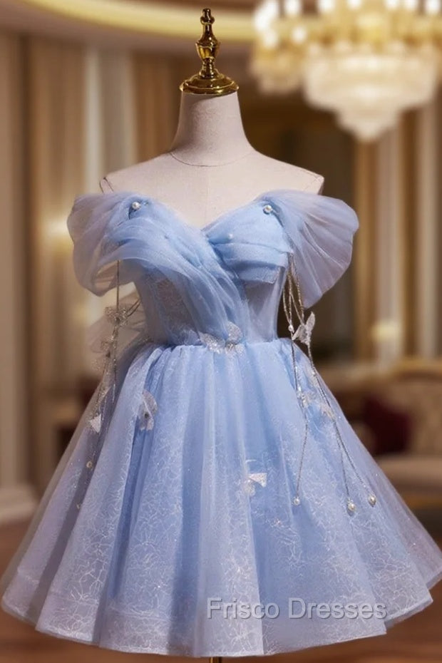 Blue Tulle Short Party Dress, Lovely A-Line Off Shoulder Formal Prom Dress Main image