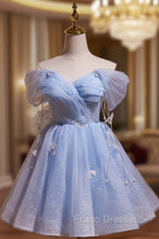 Blue Tulle Short Party Dress, Lovely A-Line Off Shoulder Formal Prom Dress