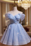 Blue Tulle Short Party Dress, Lovely A-Line Off Shoulder Formal Prom Dress
