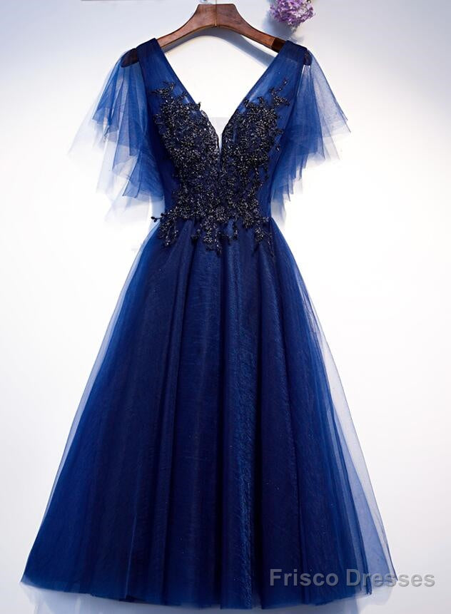 Blue Tulle Short Party Dress With Lace Applique, Blue Formal Dress Prom Dresses Main image