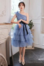 Blue Tulle Short Prom Dresses, One Shoulder Evening Dresses
