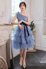 Blue Tulle Short Prom Dresses, One Shoulder Evening Dresses