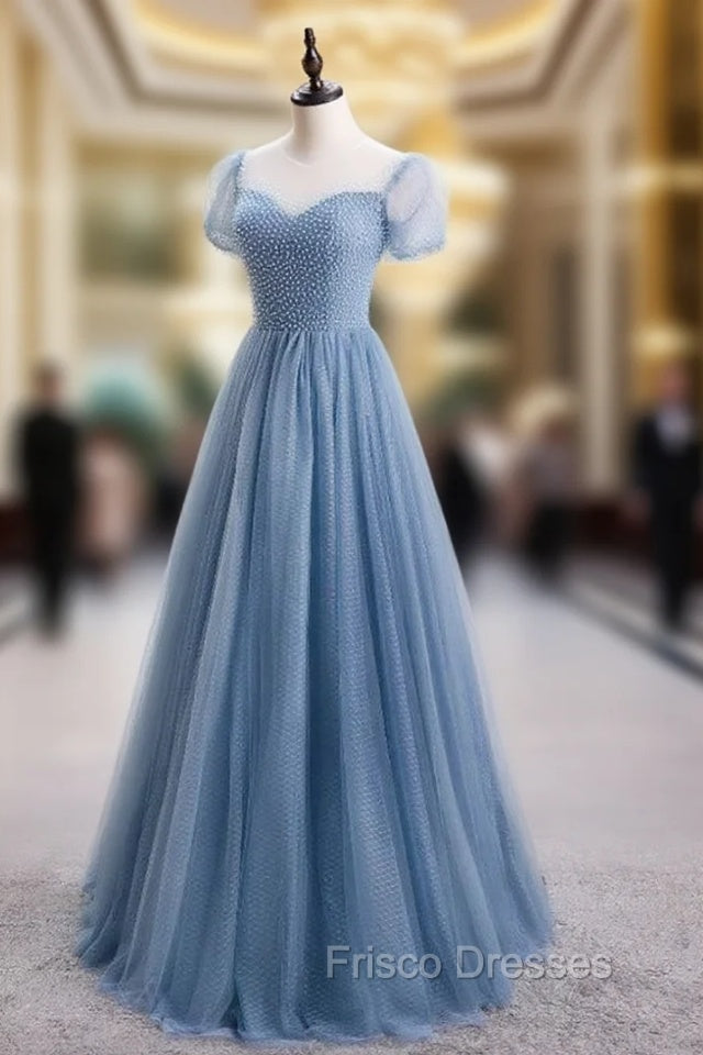 Blue Tulle Short Sleeve Scoop Neck Formal Prom Dress
