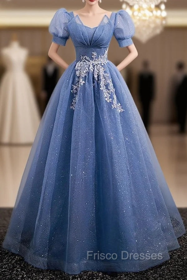 Blue Tulle Short Sleeve Sequins Formal Prom Dress