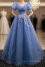 Blue Tulle Short Sleeve Sequins Formal Prom Dress