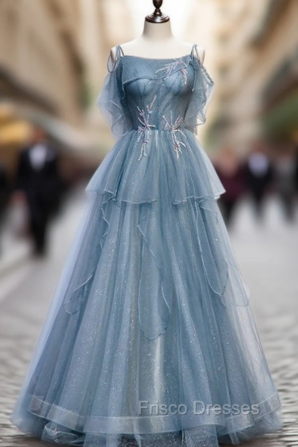 Blue Tulle Spagehtti Straps Beading Formal Prom Dress Main image