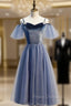 Blue Tulle Spagheti Straps Tea Length Beading Formal Prom Dress