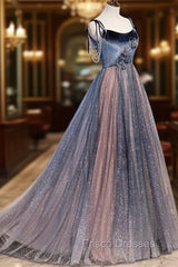 Blue Tulle Spaghetti Strap Long Formal Prom Dress, A-Line Lace-Up Evening Dress