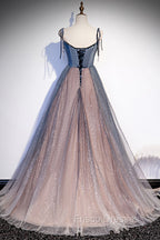 Blue Tulle Spaghetti Strap Long Formal Prom Dress, A-Line Lace-Up Evening Dress