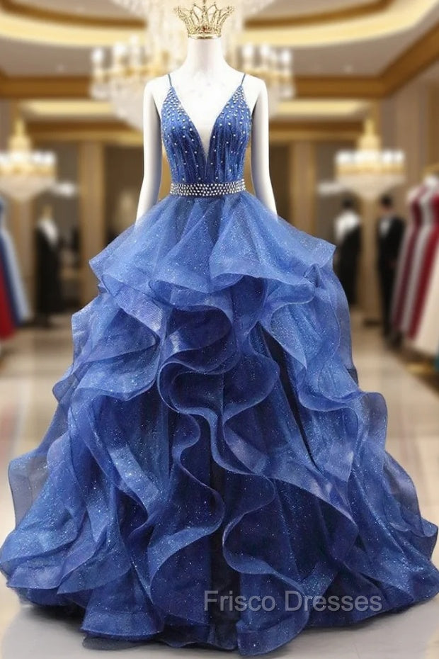 Blue Tulle Spaghetti Straps Beaded Formal Prom Dress
