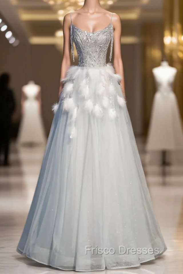 Blue Tulle Spaghetti Straps Beading Feather Formal Prom Dress Main image