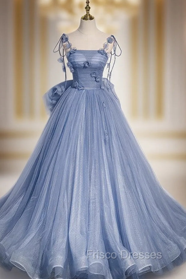 Blue Tulle Spaghetti Straps Flower Bow Formal Prom Dress Main image