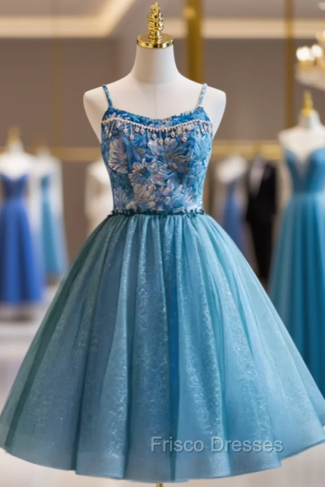 Blue Tulle Spaghetti Straps Oil Painting Pattern Homecoming Dress Main image