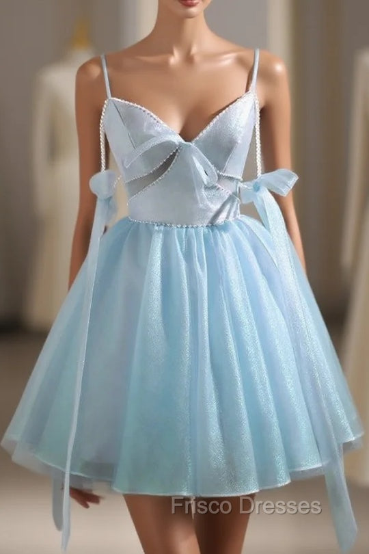 Blue Tulle Spaghetti Straps Pearls Homecoming Dress Main image