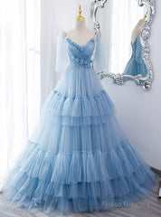 Blue Tulle Spaghetti Straps Pleats Prom Dress