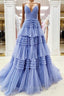 Blue Tulle Spaghetti Straps Tiers Formal Prom Dress