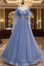 Blue Tulle Square Long Sleeve Beading Formal Prom Dress