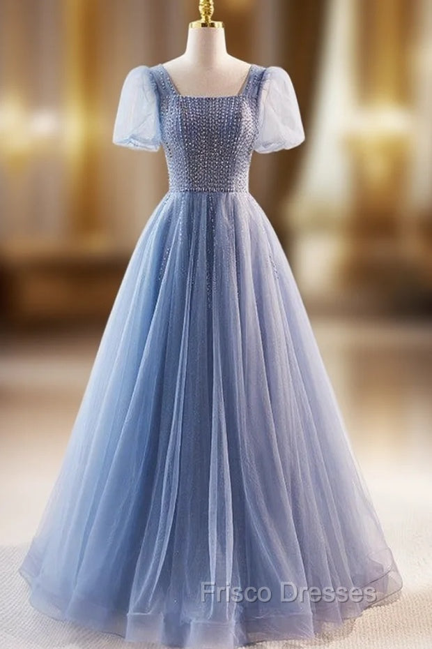 Blue Tulle Square Neck Puff Sleeve Formal Prom Dress Main image