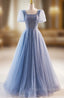 Blue Tulle Square Neck Short Sleeve Beading Formal Prom Dress