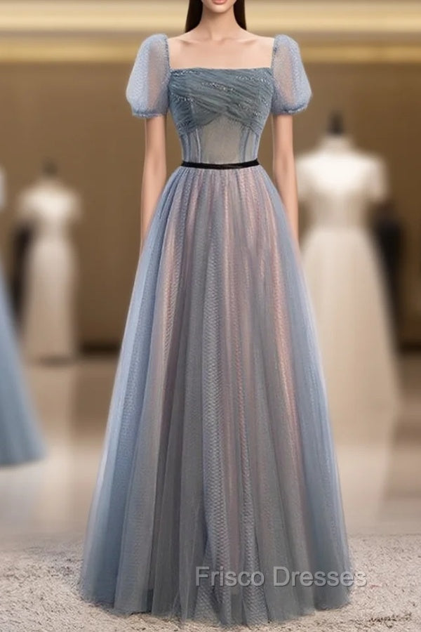Blue Tulle Square Short Sleeve Pleats Beading Formal Prom Dress