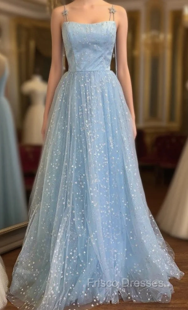 Blue Tulle Star Sequins Spaghetti Straps Formal Prom Dress