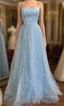 Blue Tulle Star Sequins Spaghetti Straps Formal Prom Dress