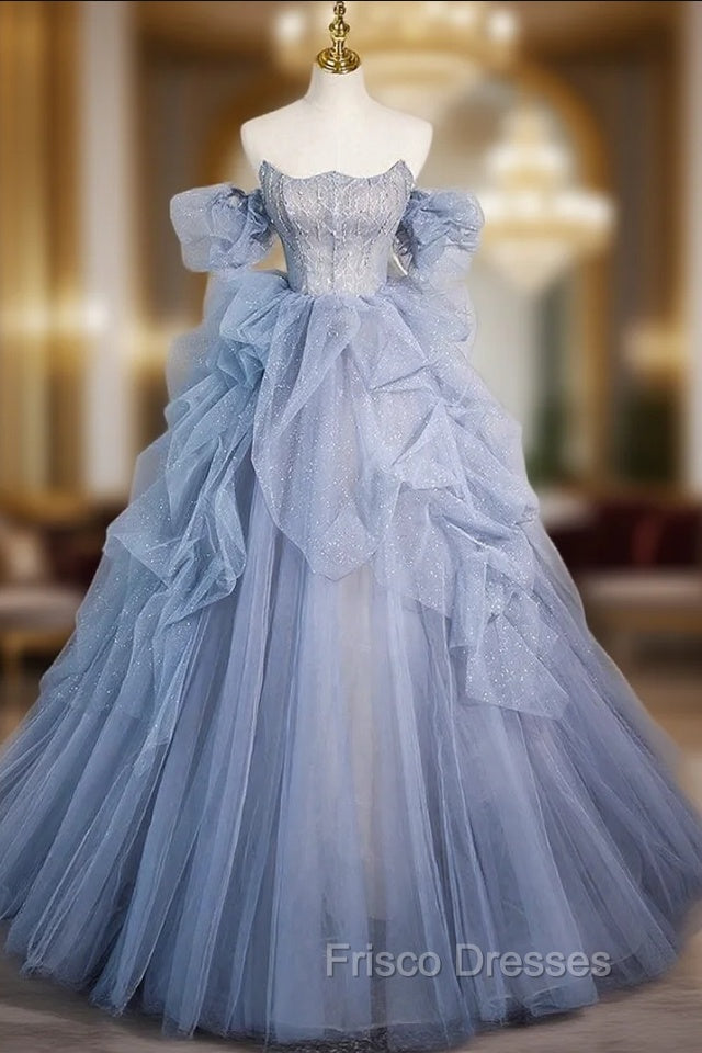 Blue Tulle Strapless Beading Formal Prom Dress Main image