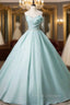Blue Tulle Strapless Pleats Beading Formal Prom Dress