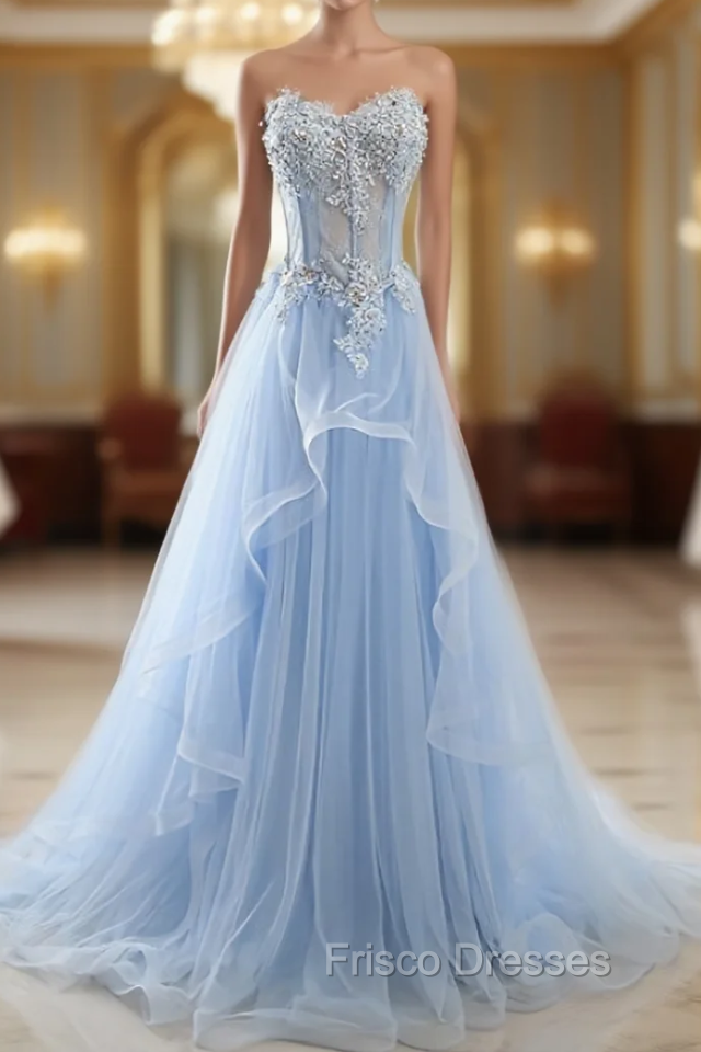 Blue Tulle Sweetheart Appliques Beading Formal Prom Dress Main image