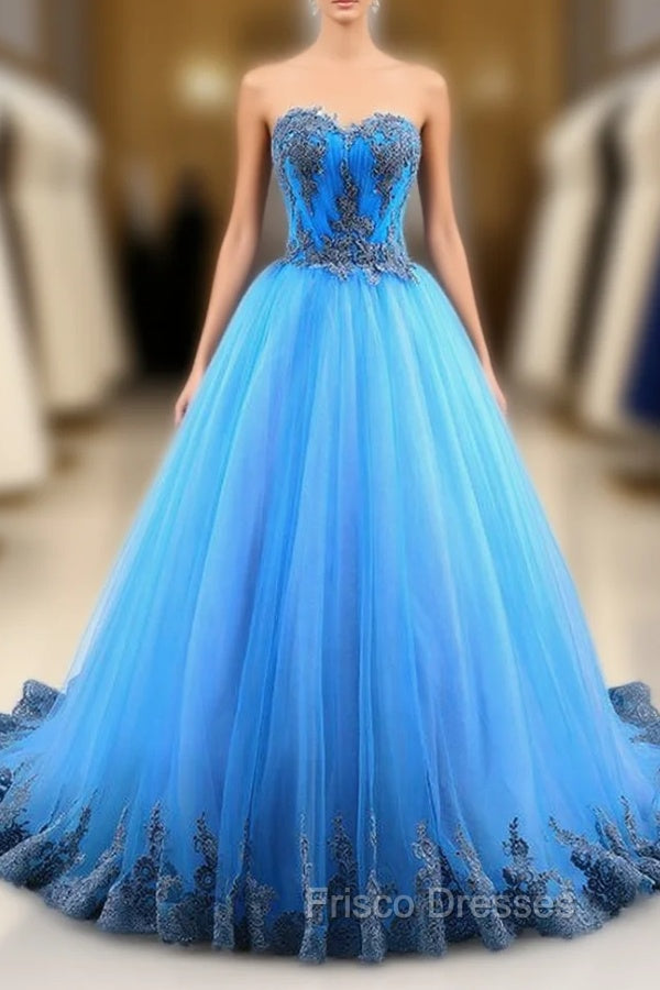 Blue Tulle Sweetheart Backless Appliques Wedding Dress Main image