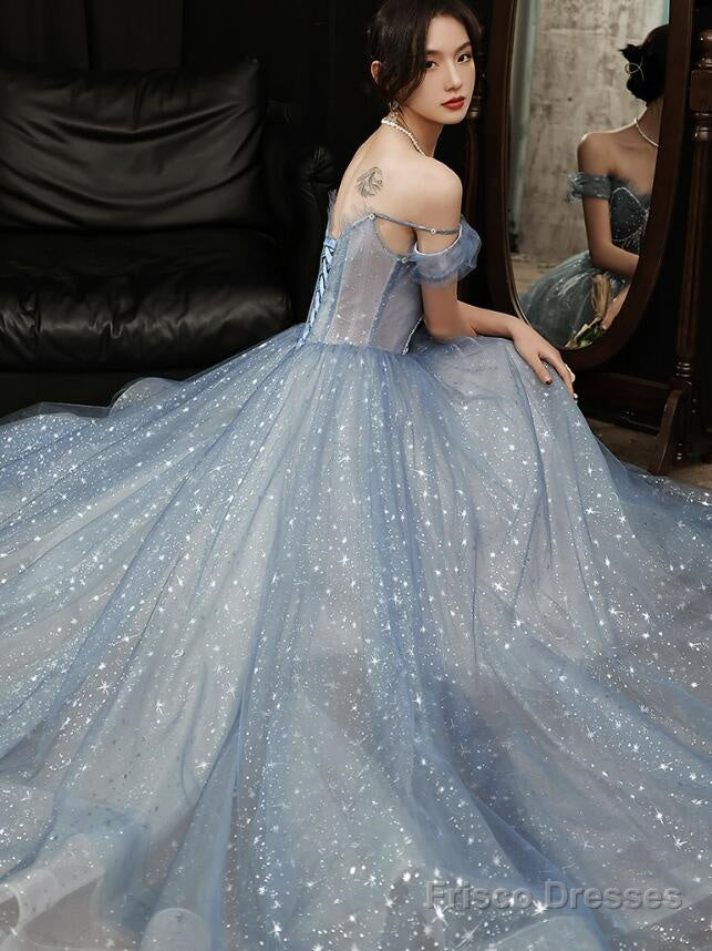 Blue Tulle Sweetheart Beaded Long Formal Evening Dress, A-Line Tulle Party Dresses Secondary image