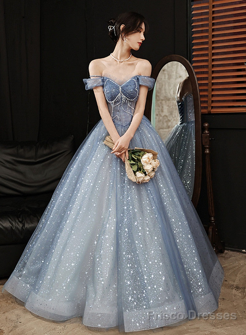 Blue Tulle Sweetheart Beaded Long Formal Evening Dress, A-Line Tulle Party Dresses Main image