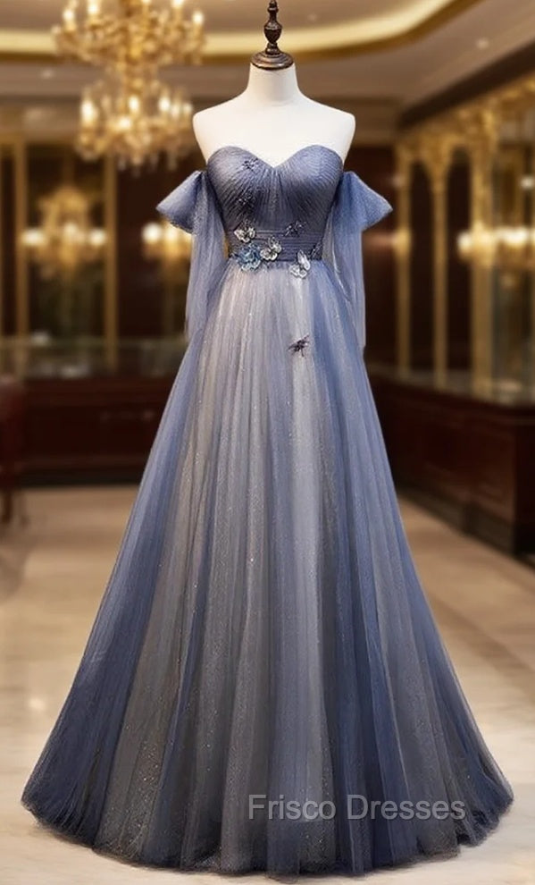 Blue Tulle Sweetheart Pleats Appliques Formal Prom Dress