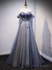 Blue Tulle Sweetheart Pleats Appliques Prom Dress